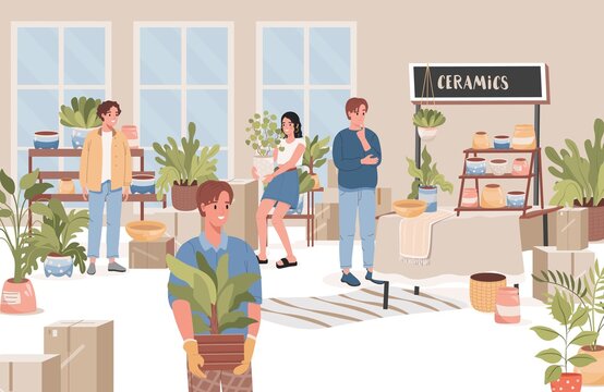 Group of happy people choosing and buying flowers, trees and flower pots in flower shop vector flat illustration. Men and women in plants shop interior. Plants and trees store design concept.