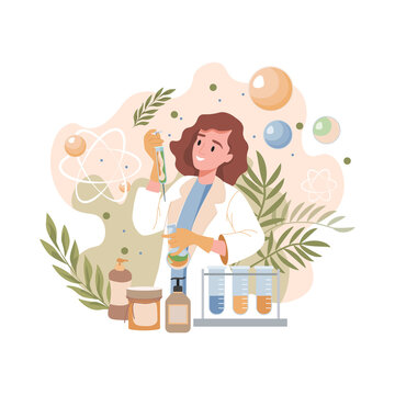 Scientist or pharmacist invents natural organic formula of cosmetics vector flat illustration. Young smiling woman in lab coat holding syringe with natural herbal serum. Organic spa cosmetics concept.