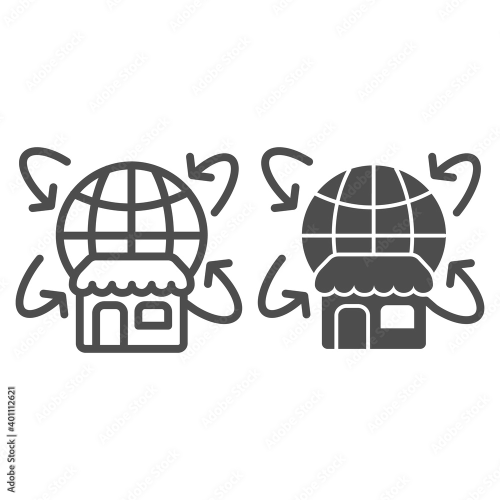 Poster globe with arrows and shop line and solid icon, shopping concept, online shopping sign on white back