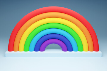 3d illustration of a rainbow round arch on a  gray background.  Portal of long inflatable colorful balls to the magical land