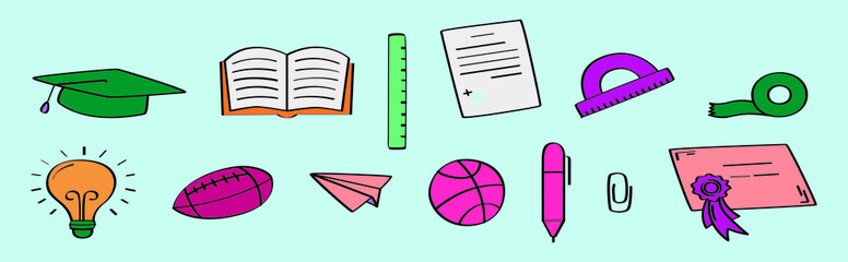 set of school elements cartoon icon design template with various models. vector illustration isolated on blue background