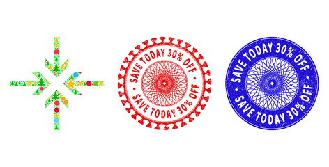 Reduce arrows mosaic of Christmas symbols, such as stars, fir-trees, color spheres, and SAVE TODAY 30% OFF corroded seals. Vector SAVE TODAY 30% OFF stamp seals uses guilloche ornament,