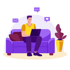 Man freelance with a laptop on the couch studying or working at home. Vector concept of freelance, online education. Cartoon flat style.