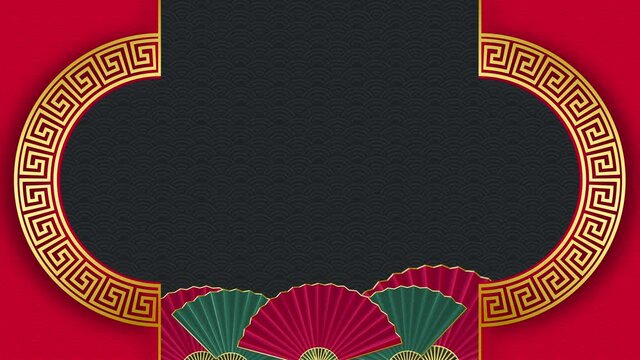 Empty dark gray wave pattern background and fans behind opening screens, oriental style motion graphic template  