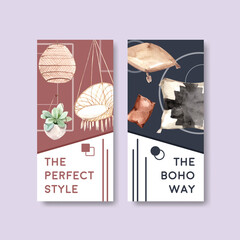 Flyer template with boho furniture concept design for brochure and leaflet watercolor vector illustration