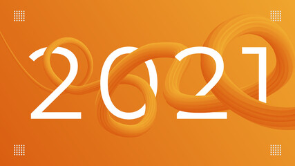 2021 colorful orange background. White text with 3d spiral fluid design.
