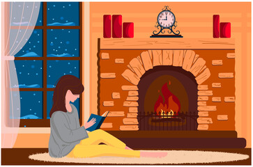  A girl in front of a fireplace in a cozy home environment reads a book. It's snowing outside