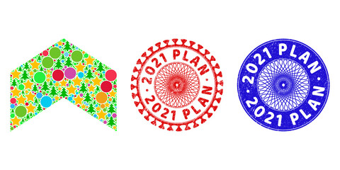 Fototapeta premium Direction up composition of New Year symbols, such as stars, fir-trees, color balls, and 2021 PLAN corroded seals. Vector 2021 PLAN stamps uses guilloche ornament, designed in red and blue versions.