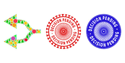 Split arrows left composition of Christmas symbols, such as stars, fir trees, color spheres, and DECISION PENDING unclean stamps. Vector DECISION PENDING stamps uses guilloche ornament,