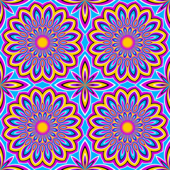 Colorful wrapping paper with flowers. Optical expansion illusion. Seamless pattern.