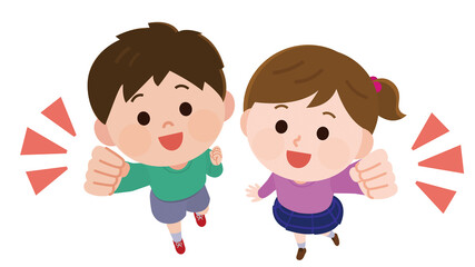 俯瞰　頑張るポーズの男の子と女の子　イラスト