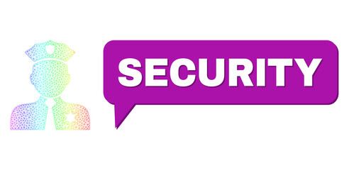 Security and police person composition. Spectrum colored mesh police person, and chat Security cloud frame. Chat colored Security bubble has shadow.