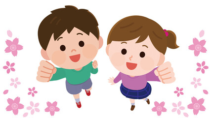 俯瞰　頑張るポーズの男の子と女の子　桜フレーム　イラスト