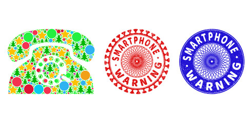 Fototapeta premium Pulse phone mosaic of Christmas symbols, such as stars, fir trees, color circles, and SMARTPHONE WARNING textured watermarks. Vector SMARTPHONE WARNING watermarks uses guilloche pattern,