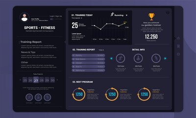 Training fitness program on dashboard panel user interface with dark mode