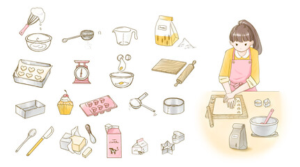 クッキーを作る女性とお菓子作りのイラストセット