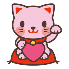 ハートを持っているかわいいピンクの招き猫Beckoning cat-Japanese lucky cat