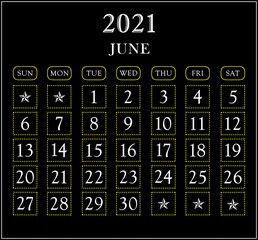 Month June  year 2021 calendar