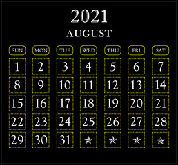 Month August  year 2021 calendar