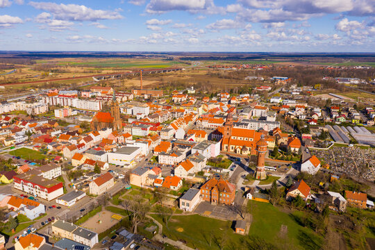 Aerial view of streets and buildings of polish town Zmigrod