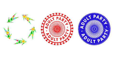 Rotation collage of Christmas symbols, such as stars, fir-trees, color spheres, and ADULT PARTY scratched stamps. Vector ADULT PARTY seals uses guilloche ornament, designed in red and blue colors.