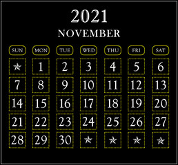 Month November year 2021 calendar