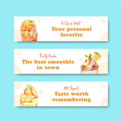 Banner template with fruits smoothies concept design for advertise and marketing watercolor vector illustration