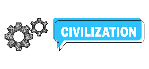 Speech Civilization blue cloud message and net mesh gears. Frame and colored area are shifted for Civilization text, which is located inside blue colored speech balloon.