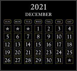 Month December  year 2021 calendar