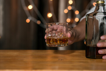 Bartender Serve Whiskey, on wood bar