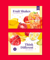 Facebook template with fruits smoothies concept design for soccial media and community watercolor vector illustration