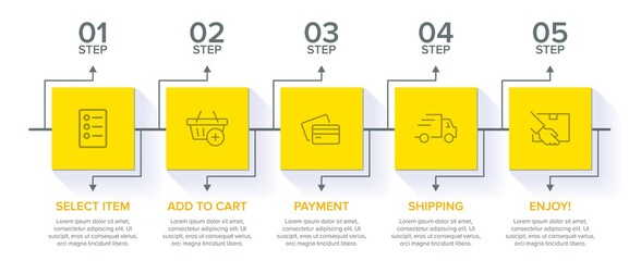 Concept of shopping process with 5 successive steps. Five colorful graphic elements. Timeline design for brochure, presentation, web site. Infographic design layout.