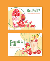 Facebook template with fruits smoothies concept design for soccial media and community watercolor vector illustration