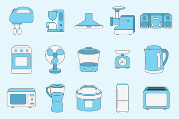 Home machines Icons set - Vector color symbols of microwave, oven, refrigerator, vacuum, blender, kettle and other appliances for the site or interface
