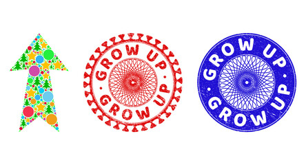 Arrow up collage of Christmas symbols, such as stars, fir-trees, colored round items, and GROW UP textured stamps. Vector GROW UP stamp seals uses guilloche ornament,