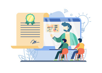 Online courses free E-certificate concept. people watching online course. E-certificate, Web courses or tutorials concept,Webinar, digital classroom. vector illustration for web banners
