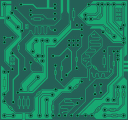 Circuit board, technology green background. Digital electronic texture, high tech pattern. Vector wallpaper