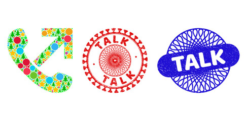Outgoing call mosaic of New Year symbols, such as stars, fir-trees, color round items, and TALK corroded stamp prints. Vector TALK stamp seals uses guilloche ornament,