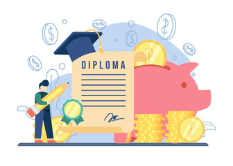 scholarship concept. a man get diploma scholarship. Piggy bank, stack of coins, graduation cap, Education concept, investment in knowledge, student loans,money savings for study. vector illustration