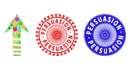 Send up collage of New Year symbols, such as stars, fir trees, color spheres, and PERSUASION dirty stamp imitations. Vector PERSUASION stamp seals uses guilloche pattern,