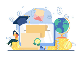 scholarship concept. woman sit on stack of coins and get scholarship email. graduation cap, Education concept, investment in knowledge, student loans,money savings for study. vector illustration