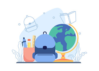 Back to school concept. Bag School, pencil and earth globe. education and learning icon. suitable for landing page, mobile app, sticker, poster, flyer, article, and banner. vector