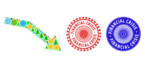 Fail trend collage of Christmas symbols, such as stars, fir trees, bright circles, and FINANCIAL CRISIS rubber watermarks. Vector FINANCIAL CRISIS watermarks uses guilloche ornament,