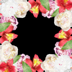 Beautiful floral frame of peonies and alstroemeria. Isolated