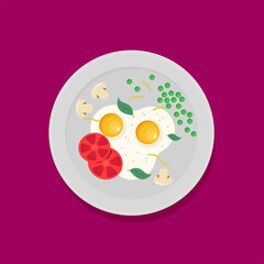 Breakfast vector illustration. Plate with sausage, sandwich and egg. Flat style