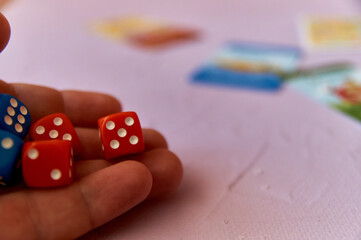 cards and dice. Components of a Board game. Type of hobby and family leisure