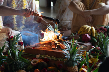 Yajna Ritual. Yajna Ceremony in India. Burning ritual Krishna.
