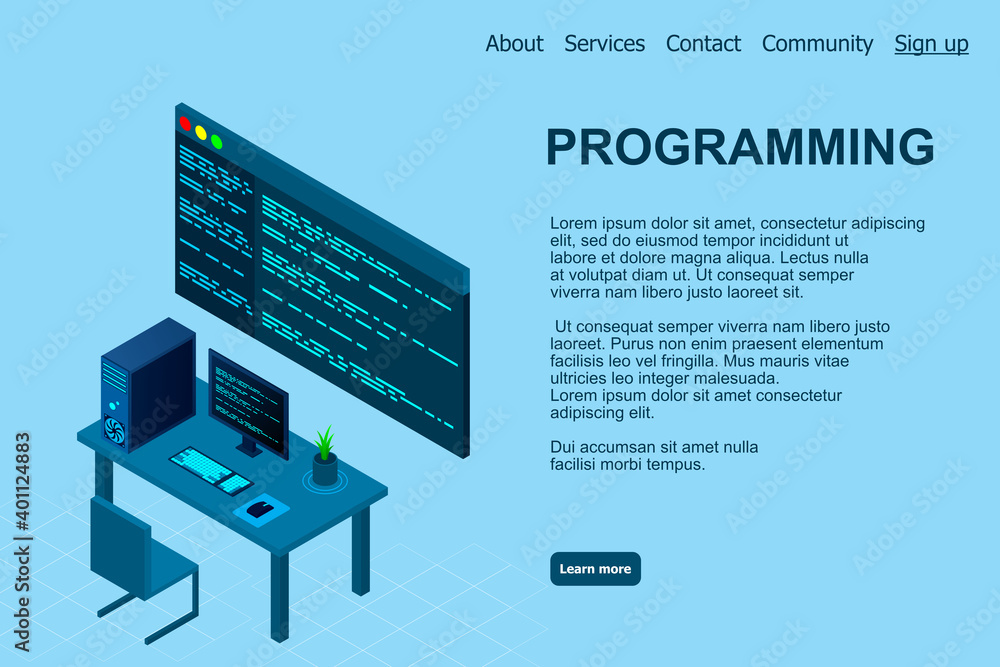 Fototapete Programming or Software development web page template. Vector illustration with laptop isometric view and program code on screen. Programming concept. vector illustration