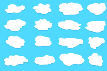 White clouds of different shapes on the blue sky. Vector illustration. For wallpaper, background and presentation design.