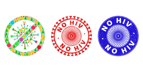 Stop coronavirus collage of Christmas symbols, such as stars, fir trees, color circles, and NO HIV corroded seals. Vector NO HIV stamps uses guilloche ornament, designed in red and blue variations.